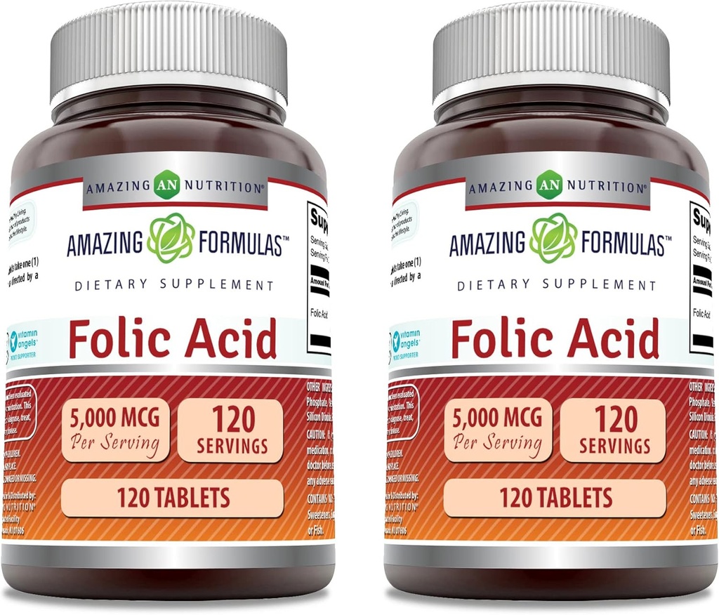 Amazing Formulas Folic Acid Supplement | 5000 Mcg | 120 Tablets | Non-GMO | Gluten Free | Made in USA (2 Pack)