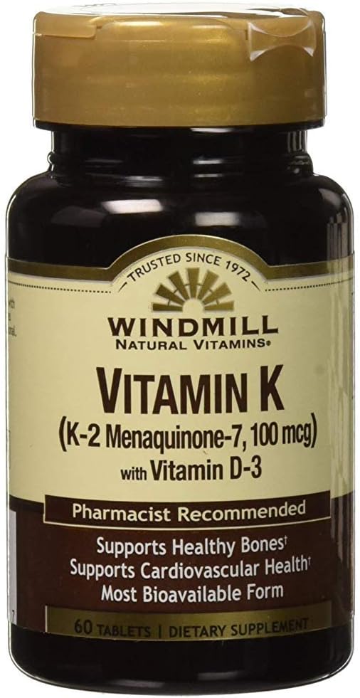 Windmill Natural Vitamins Vitamin K (K-2 Menaquinone-7, 100mcg) 60 Tablets (Pack of 1)