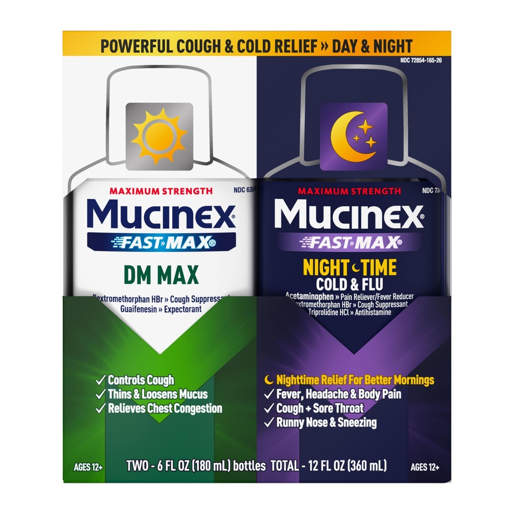 Maximum Strength Mucinex FastMax DM Max & Mucinex Nightshift Cold & Flu Liquid (2 x 6 fl. oz.) Thins & Loosens Mucus, Relieves Cough & Chest Congestion, Pain, Fever, Sneezing, Sore Throat, Runny Nose