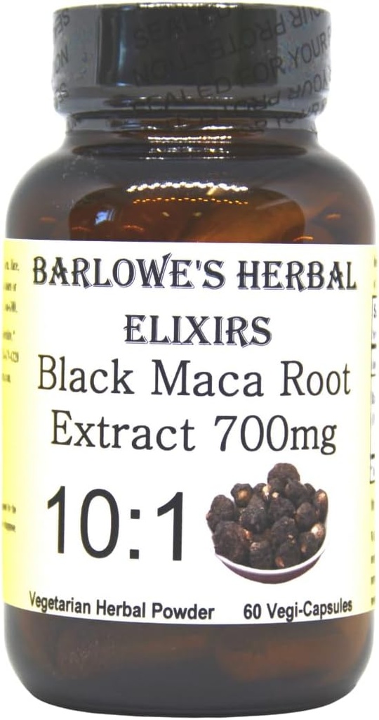Barlowe's Herbal Elixirs Black Maca | Peruvian Maca Root Extract | 700 mg per Capsule | 60 Veggie Capsules (Vegan, Kosher, Halal) | | Glass Bottle | Third Party Tested