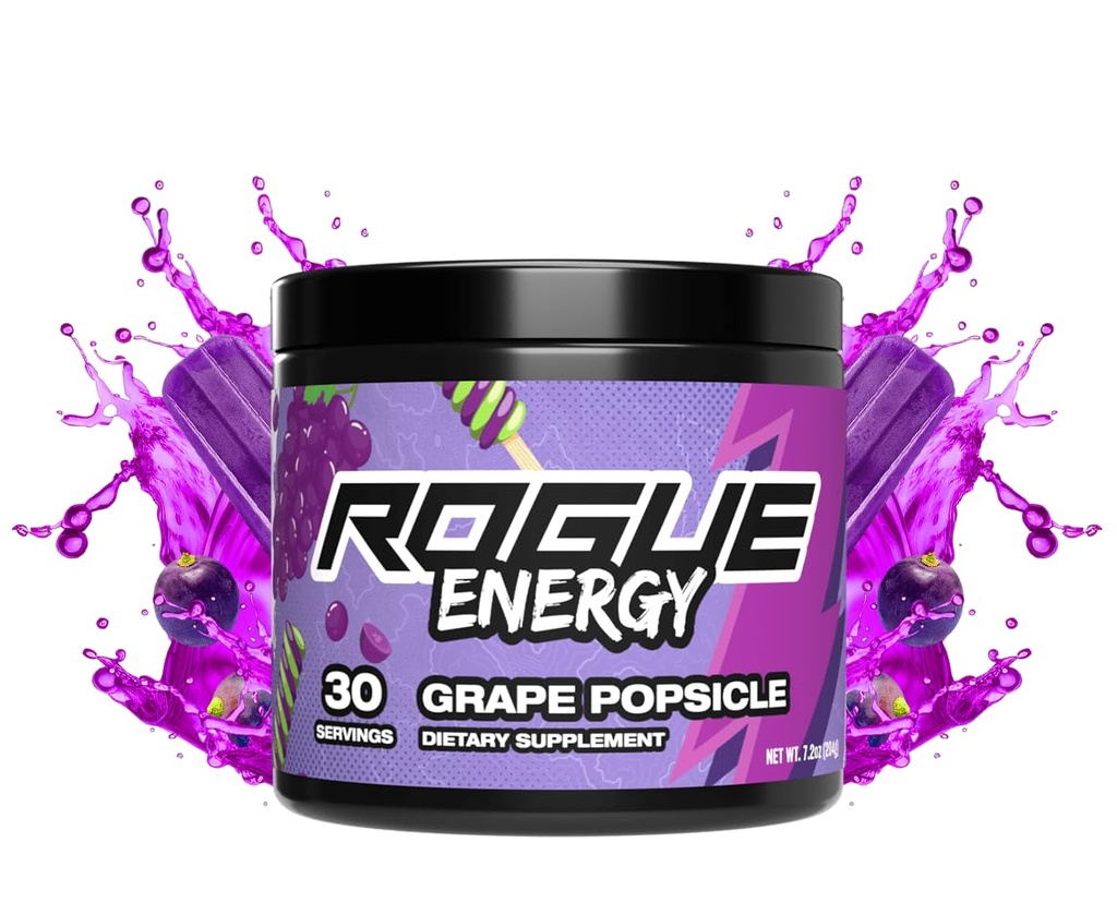 Rogue Energy Drink Powder for Long Gaming Hours - Gaming Energy Powder for Mental Focus - Sugar & Gluten Free - Gaming Supplement with Caffeine & Vitamins - Made in USA (Grape Popsicle - 30 Servings)