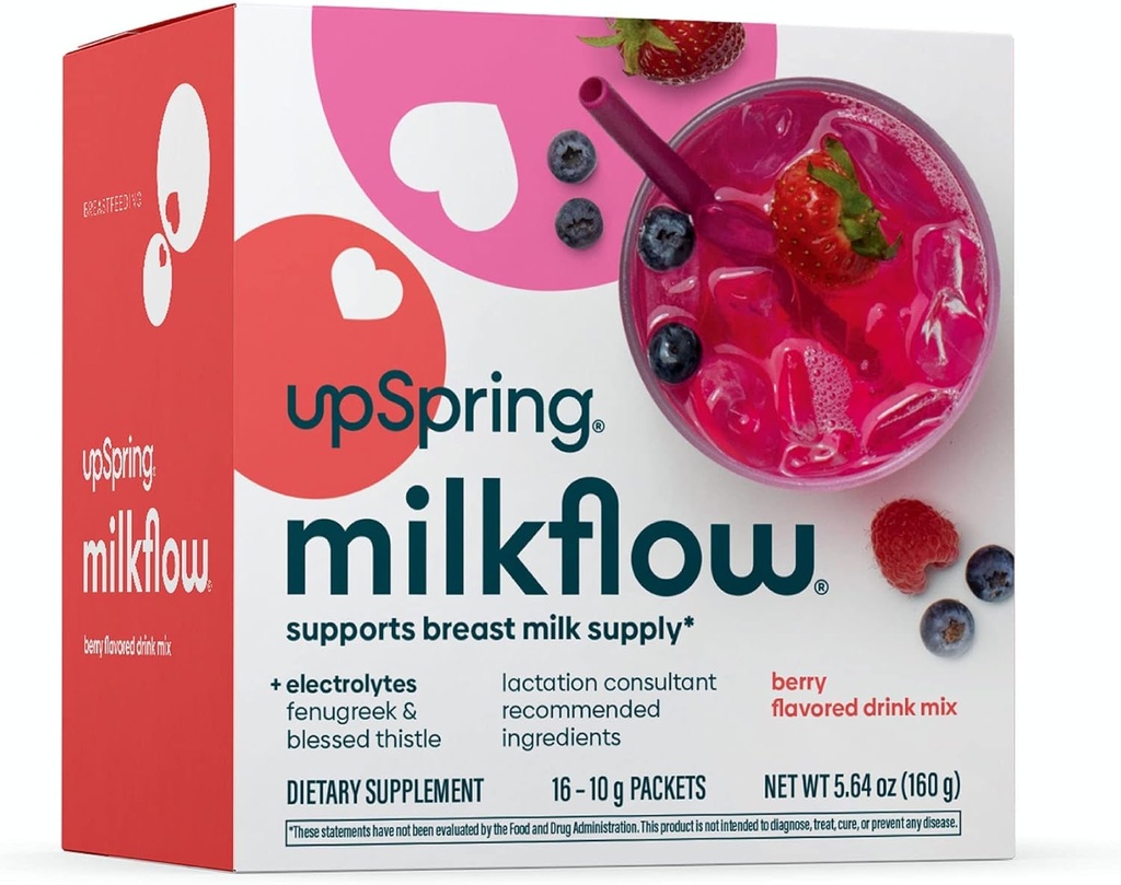 UpSpring Milkflow Electrolyte Breastfeeding Supplement Drink Mix with Fenugreek | Berry Flavor | Lactation Supplement to Support Breast Milk Supply & Restore Electrolytes | 16 Drink Mixes