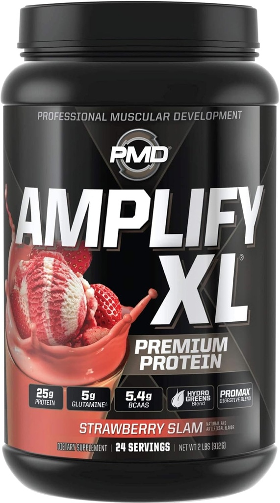 PMD Sports Amplify XL Premium Whey Protein Supplement Hydro Greens Blend - Glutamine and Whey Protein Matrix with Superfood for Muscle, Strength and Recovery - Strawberry Slam (24 Servings)