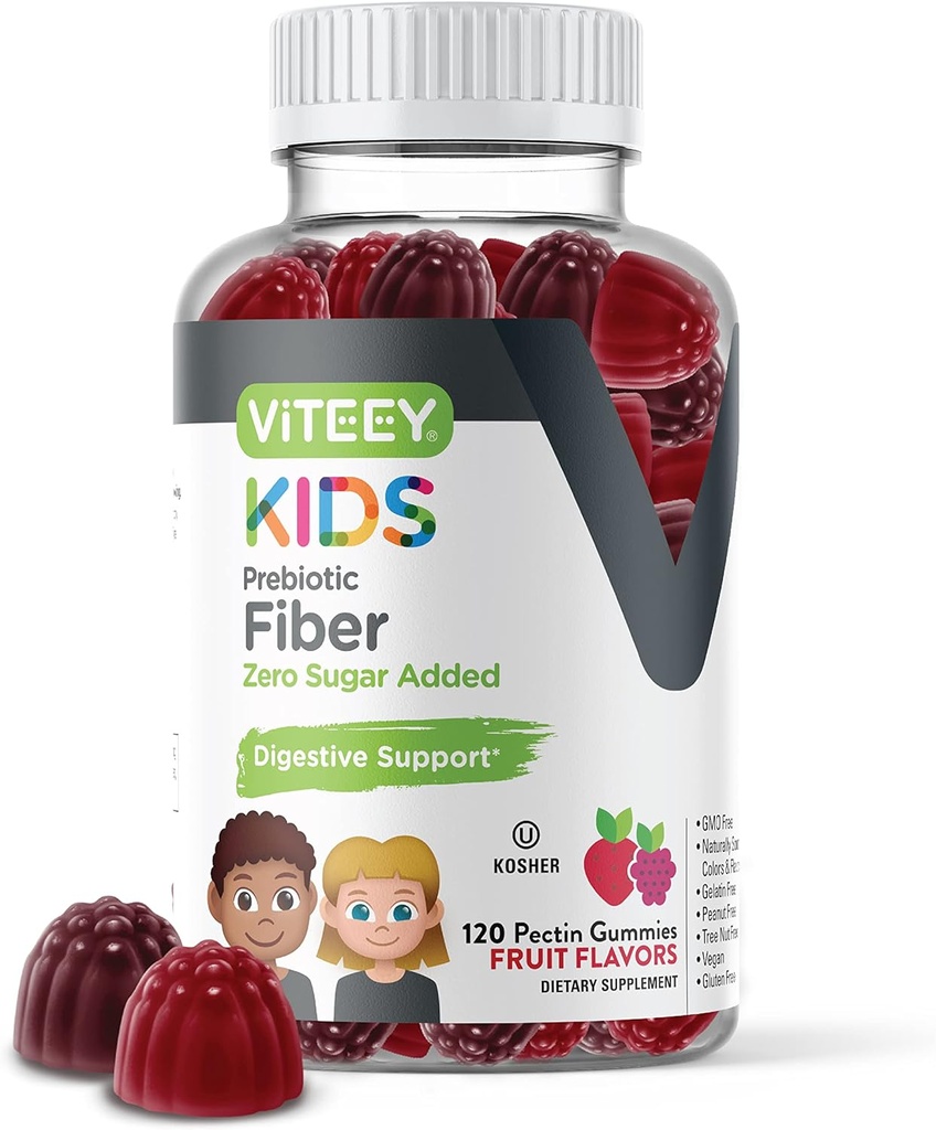 Viteey Prebiotic Kids Fiber for Constipation Relief, Digestive Health Regularity Support, Natural Weight Support - Fiber 4g, Zero Sugar Added, Vegan, Gluten Free - Tasty Chewable Fruit Flavored Gummy