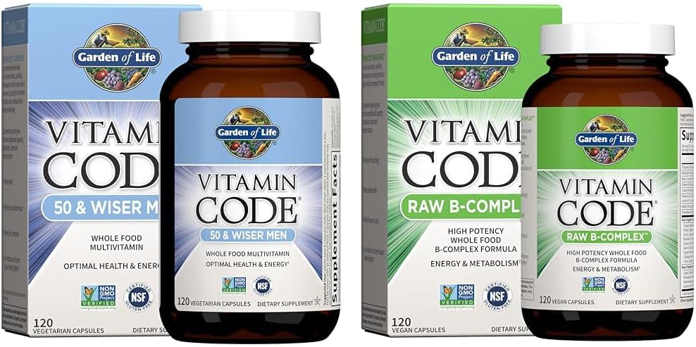 Garden of Life Men's 50+ Multivitamin and B Complex Vitamin Raw Whole Food 120 Capsule Supplement Bundle