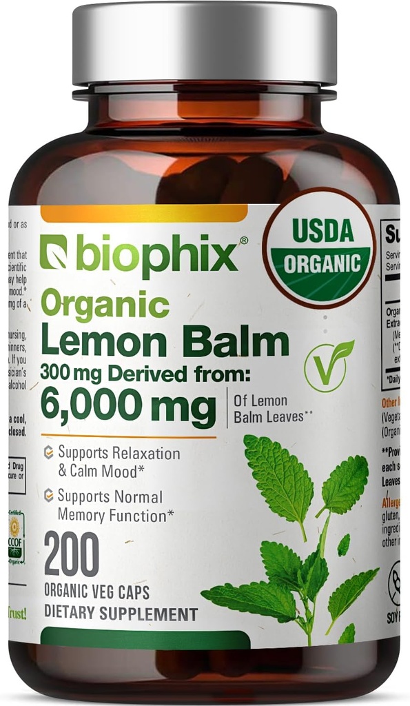 biophix Lemon Balm Capsules USDA Organic 20:1 Extract 300 mg 200 Veggie Caps - Cognitive Health Stress Sleep Mood Support Natural Herbal Supplement