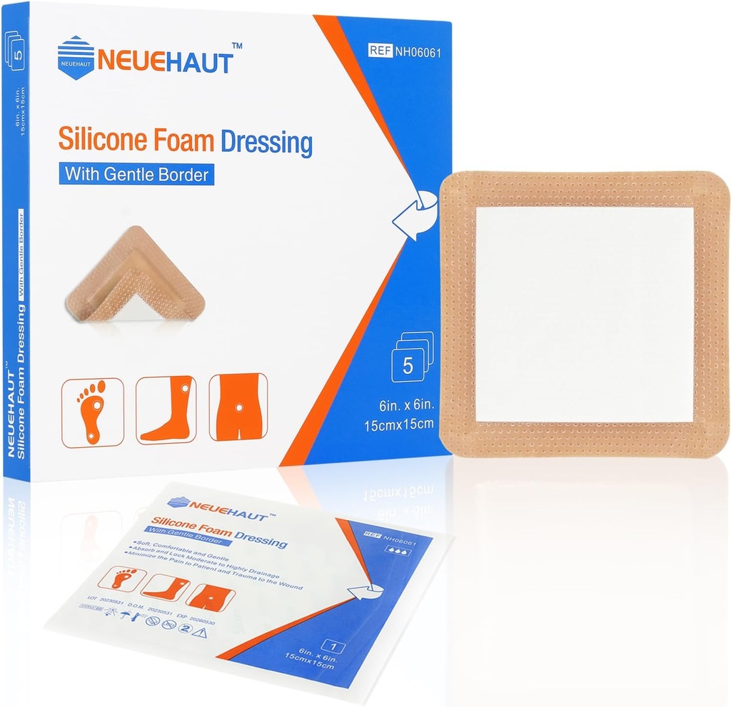 Silicone Foam Dressing with Gentle Adhesive Border 6''x6'', Bed Sore Pressure Ulcer Leg Ulcer Silicone Wound Bandage, High Absorbency Waterproof, 5 Pack by NeueHaut