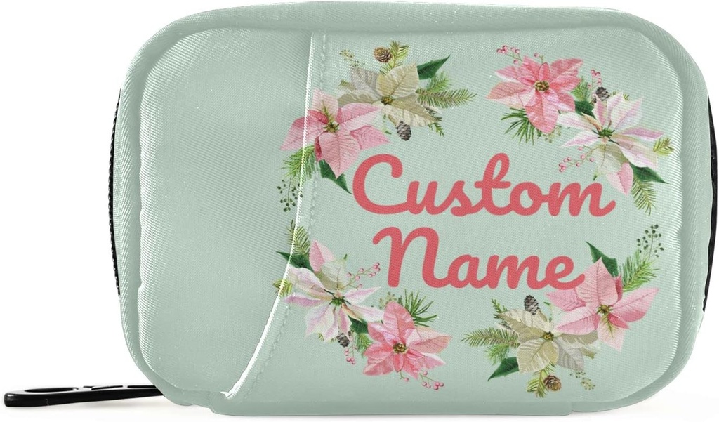 Custom Pill Box 7 Day Pill Case Bag Christmas Flower Personalized Name Travel Pill Organizer Bag with Zipper Portable Weekly Case Compact Size for Vitamin Supplement Holder