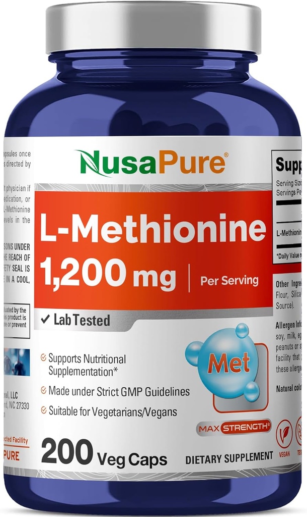 NusaPure L Methionine 1200mg | 200 Capsules | Non-GMO | Vegan Supplement