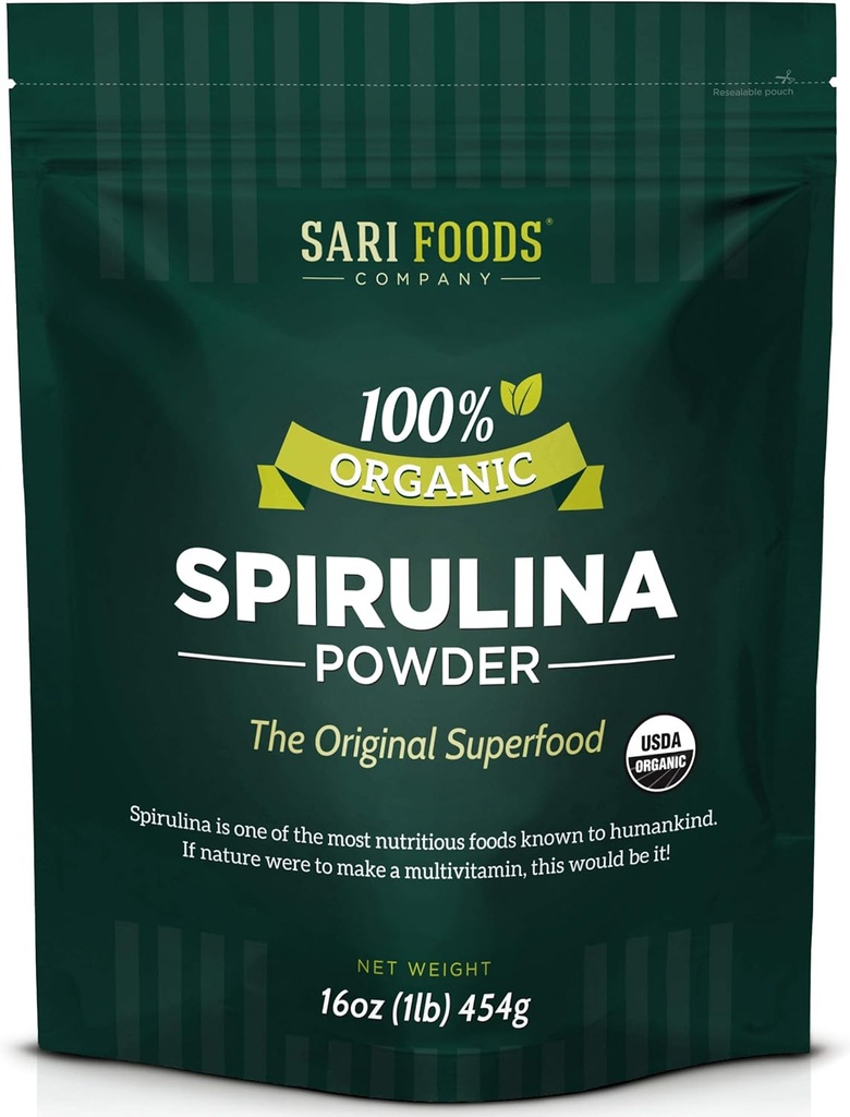 Organic Spirulina Powder (16 Ounce): Naturally Vegan, Supplies Folate, Vitamin B12, Iron, Omega Fatty Acids, GLA, Beta Carotene, Chlorophyll, Amino Acids