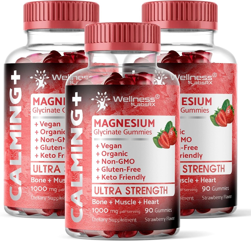Magnesium Glycinate Gummies, 1000 mg - Magnesium Supplement to Support Relaxation, Heart Health - Chewable Calm Magnesio Gummies for Adults, Glicinato De Magnesio - Strawberry Flavor - Pack of 3