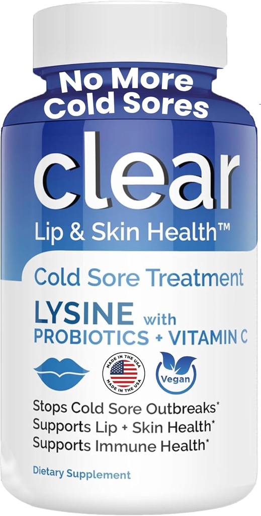 Lysine Cold Sore Treatment for Lips with Pre-Probiotics & VIT C | 1 Month Supply | Supercharged Lysine Capsules with Rhamnosus & Acidophilus for Cold Sores Relief, Skin + Gut Health & Immune Support