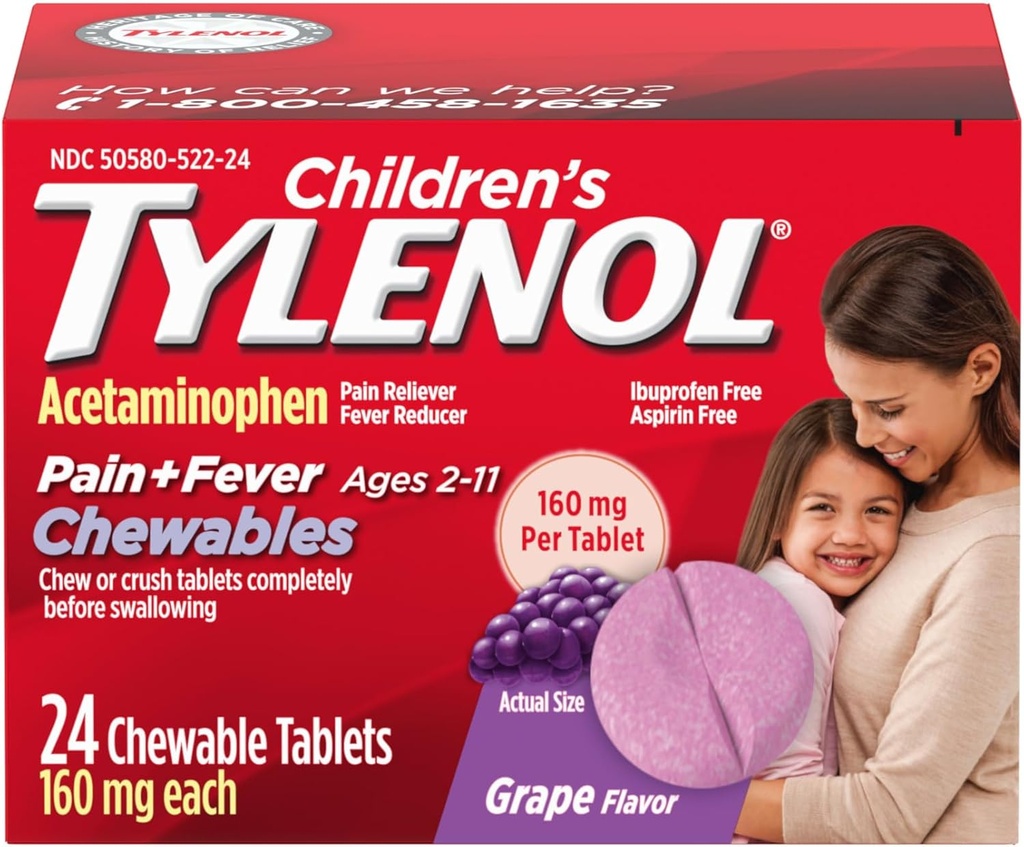 Children's Tylenol Chewables with 160 mg Acetaminophen, Pain Reliever & Fever Reducer for Kids' Cold + Flu Symptoms, Headache, Sore Throat & Toothache, Aspirin-Free, Grape Flavor, 24 ct