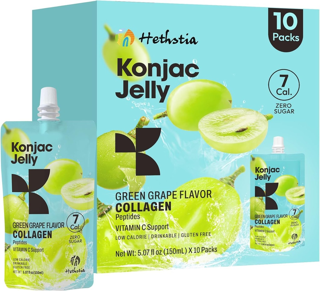 Hethstia Konjac Jelly Green Grape Flavor, 10 Pouches, Drinkable Grape Jelly with Collagen Peptides, 7 Kcal, Sugar Free, Gluten Free, Keto, Vegan, On-The-Go Chewy Light Snacks
