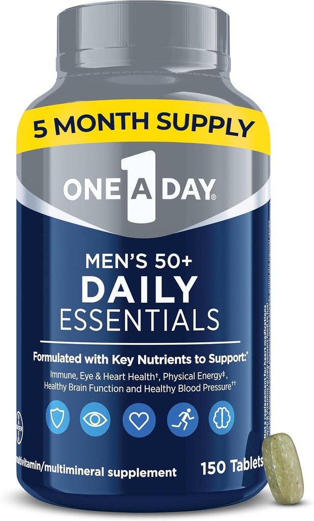 One A Day Men's Multivitamin 50+ Daily Essentials | Multivitamin for Men 50 Plus Supports Immune Health, Healthy Brain Function & Physical Energy | Vitamins for Men with Vitamin C & Zinc, 150 Count