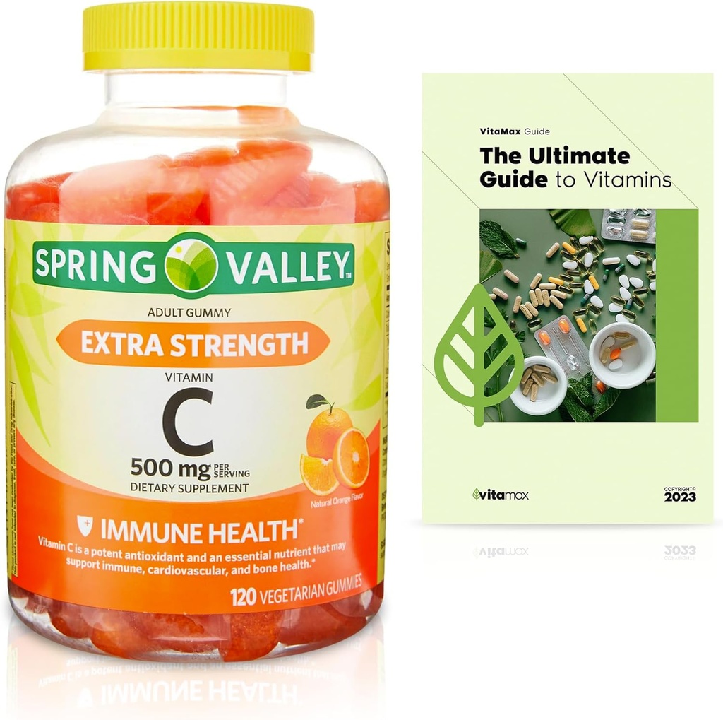 Spring Valley Extra Strength Vitamin C Immune Health Dietary Supplement Vegetarian Gummies, Orange, 500 mg, 120 Count + Exclusive VitaMax Vitamin Guide (2 Items)
