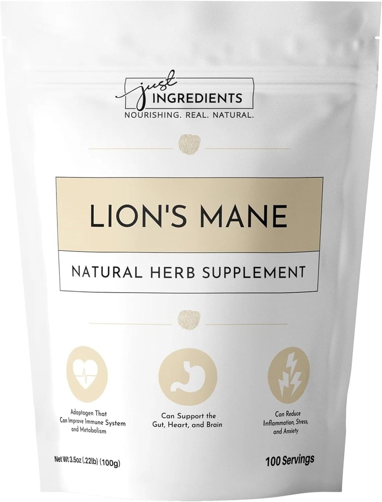 JUST INGREDIENTS Organic Lion’s Mane Powder | 100 Servings | 100% Organic & Vegan Supplement | Rich in Nutrients for Overall Wellness | No Artificial Additives
