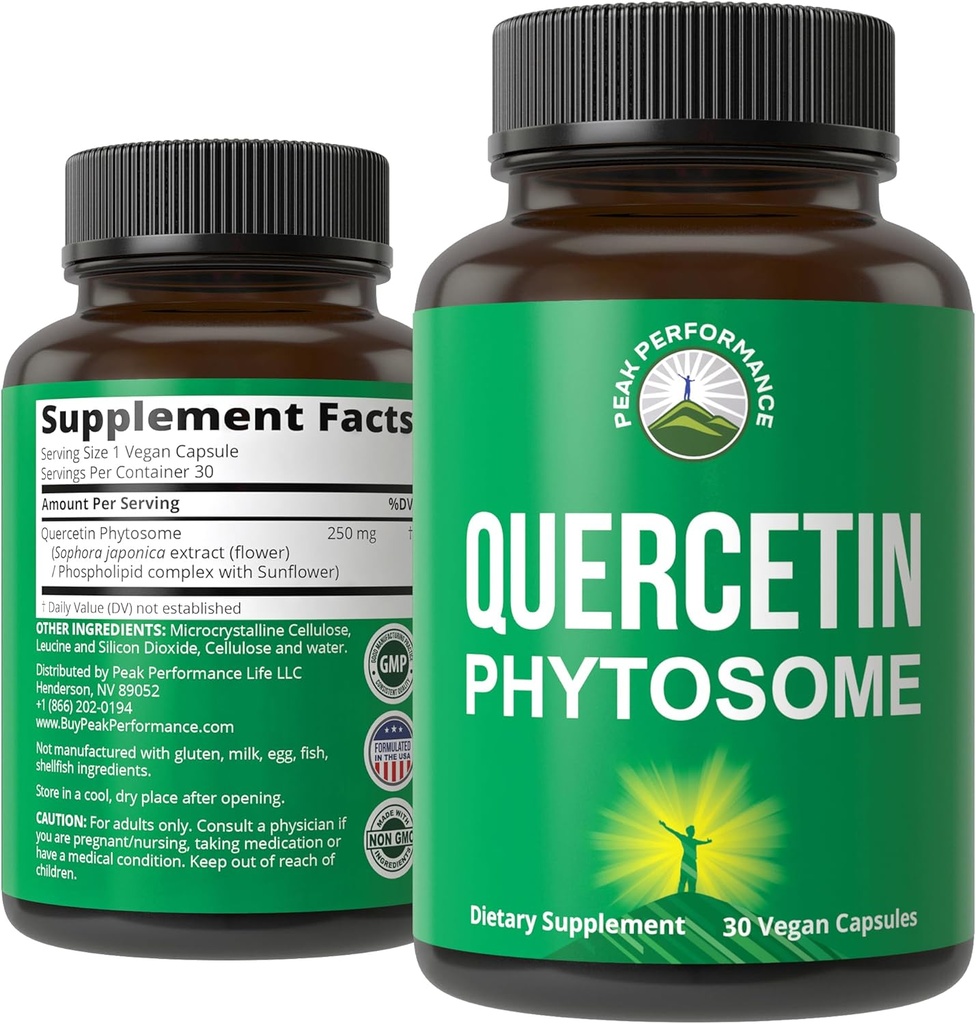 Peak Performance Ultra Pure Quercetin Phytosome Vegan Capsules - Rich Sophora Japonica Extract for Max Absorption Now. Quercetin 250mg Supplement Capsules. Made in USA