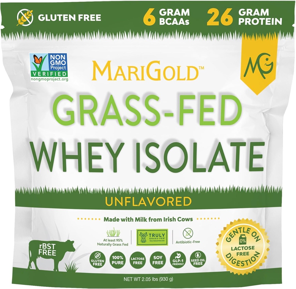 MariGold Grassfed Whey Isolate Protein Powder - Unflavored 2LB - Muscle Building & Recovery - 100% Pure, Cold Processed, Micro Filtered, Non-GMO, rBGH Free, Soy Free, Gluten Free, Lactose Free