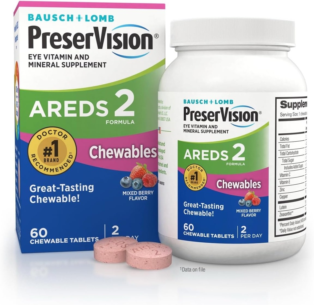 PreserVision AREDS 2 Eye Vitamins, #1 Eye Doctor Recommended Brand, Chewable Lutein and Zeaxanthin Supplement with Vitamin C, Vitamin E,Zinc, and Copper, Mixed Berry, 60 Tablets