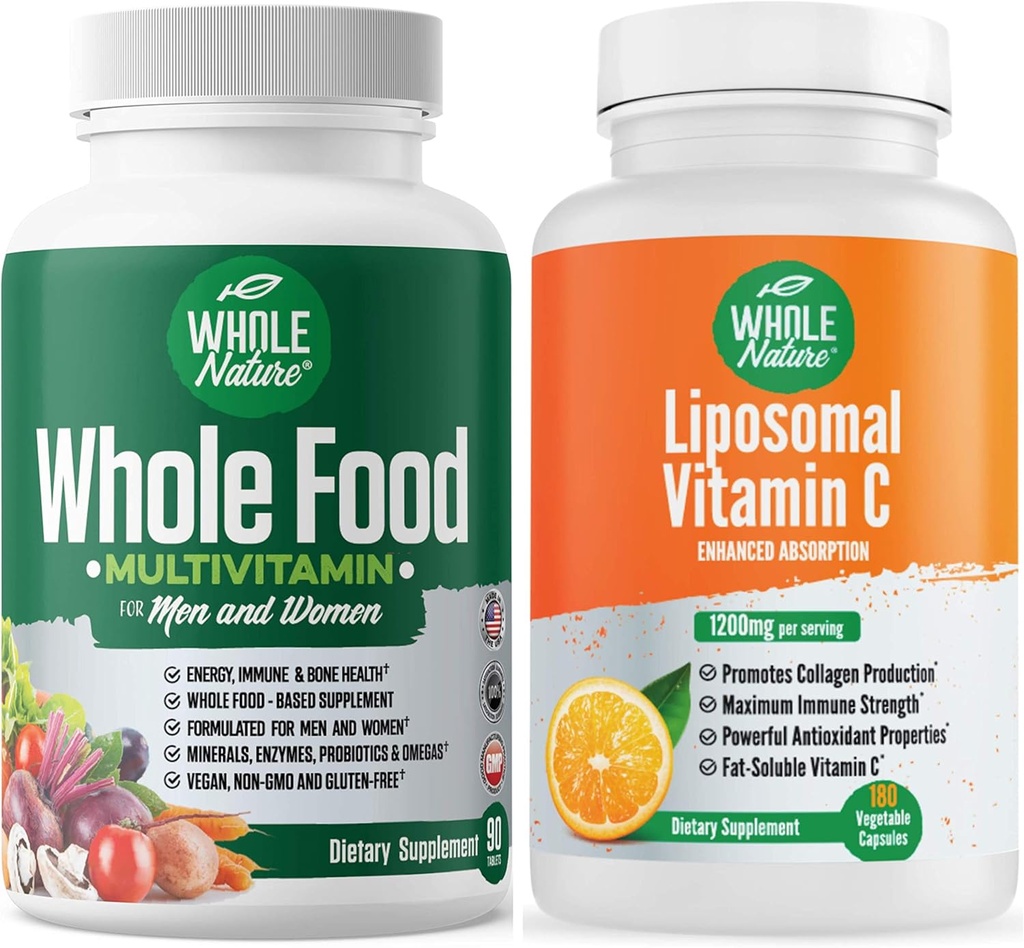 Whole Food Multivitamin for Men and Women Plus Liposomal Vitamin C High Absorption Vegan Capsules