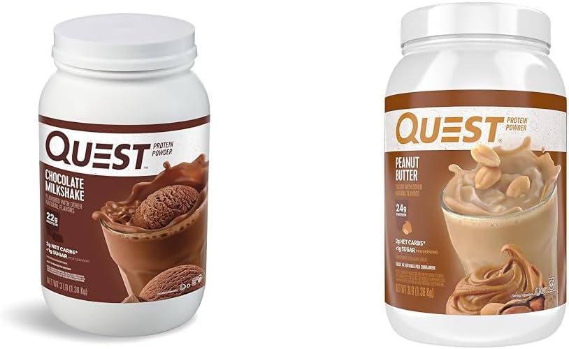 Quest Nutrition Chocolate Milkshake Protein Powder, 22g Protein, 1g Sugar, Low Carb, Gluten Free, 3 Pound, 43 Servings & Peanut Butter Protein Powder, 23g Protein, 1g Sugar, Low Carb, Gluten Free