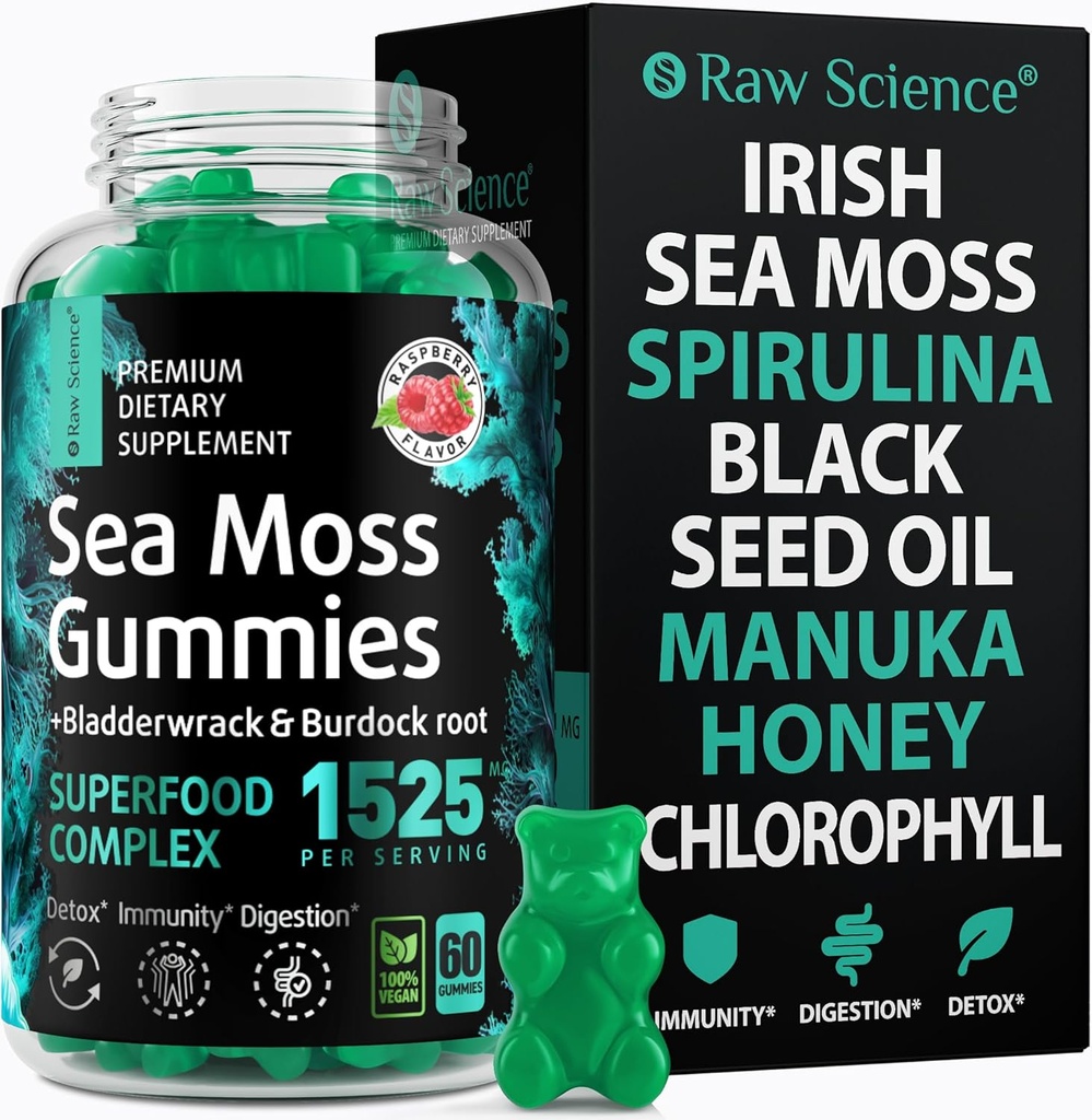Irish Sea Moss Gummies - Detox & Thyroid Support for Women & Men - Black Seed Oil, Manuka Honey, Fenugreek, Chlorophyll: Immune Support, Immunity Supplement - Burdock Root, Bladderwrack - 60 Gummies