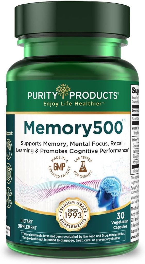 Purity Products Memory500 Bacopa monniera/Brahmi Elite Nootropic Complex - Supports Peak Cognitive Performance*, Increased Learning Speed* and Healthy Memory & Recall* - 30 Vegetarian Caps