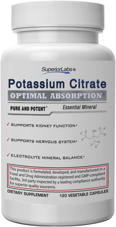 Superior Labs Potassium Citrate 100 mg, Pure Non-GMO Electrolyte Mineral, Additive-Free, Kidney Stone & pH Support, Muscle Cramp Relief, Heart & Nerve Function, Alkalizing Balance, 120 Veg Caps