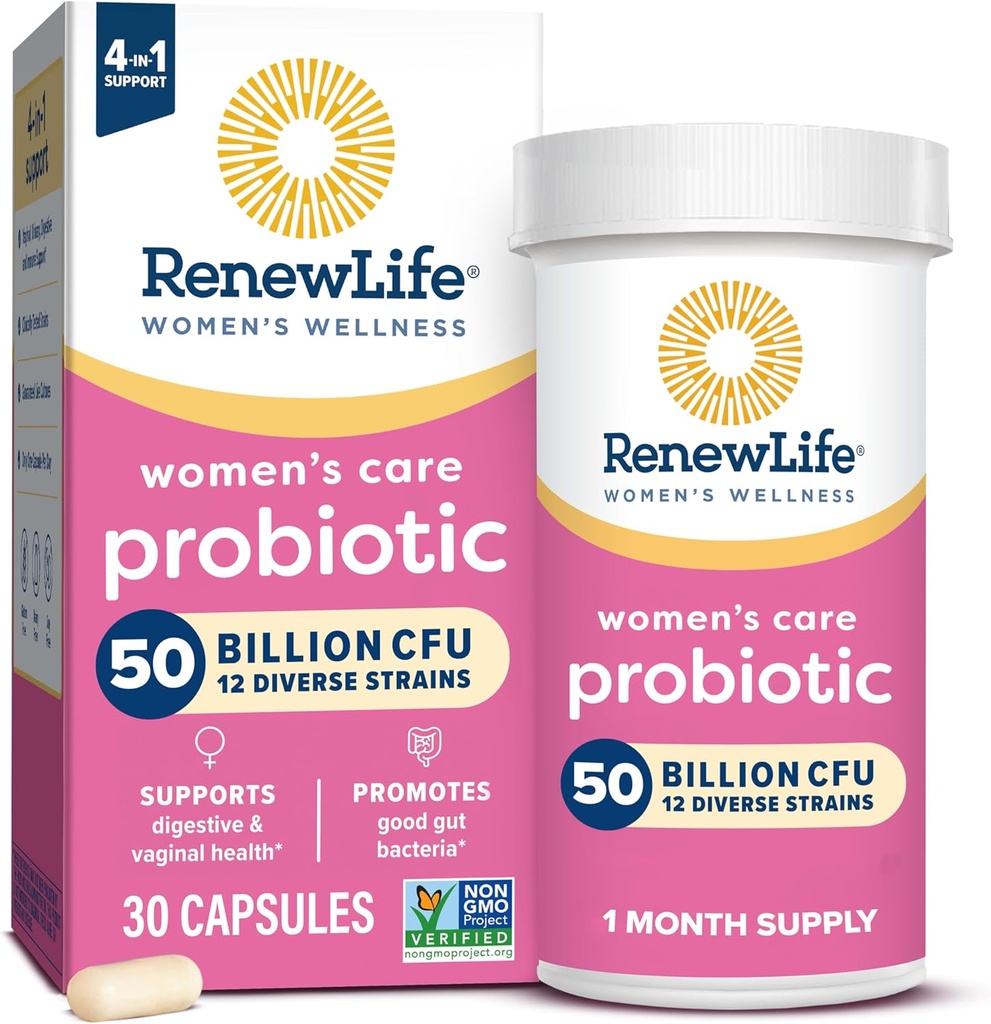 Renew Life Women's Probiotic Capsules, 50 Billion CFU Guaranteed, Supports pH Balance, Vaginal, Urinary, Digestive and Immune Health(2), L. Rhamnosus GG, Dairy, Soy and Gluten-Free, 30 Count