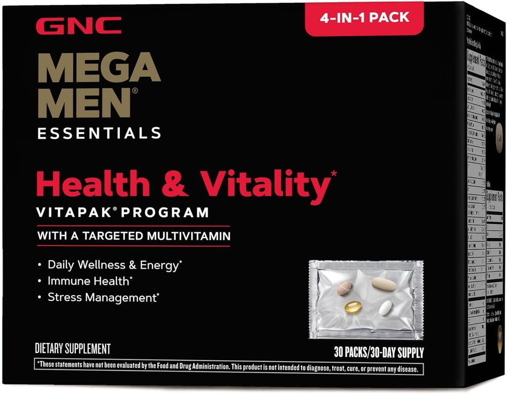 GNC Mega Men Health & Vitality Vitapak, 30 Daily Packs, 4-in-1 Complete Daily Multivitamin and Nutrition Program for Men