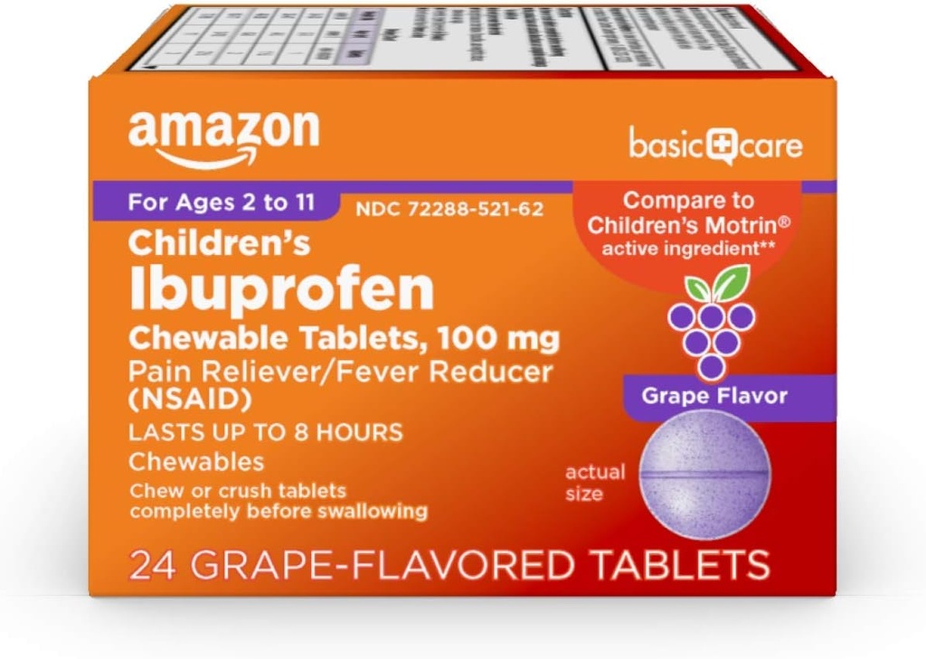   Basic Care Children's Ibuprofen Chewable Tablets 100 mg, Grape Flavor, Pain Reliever and Fever Reducer (NSAID), For Sore Throat, Toothache, Headache Relief and More, 24 Count