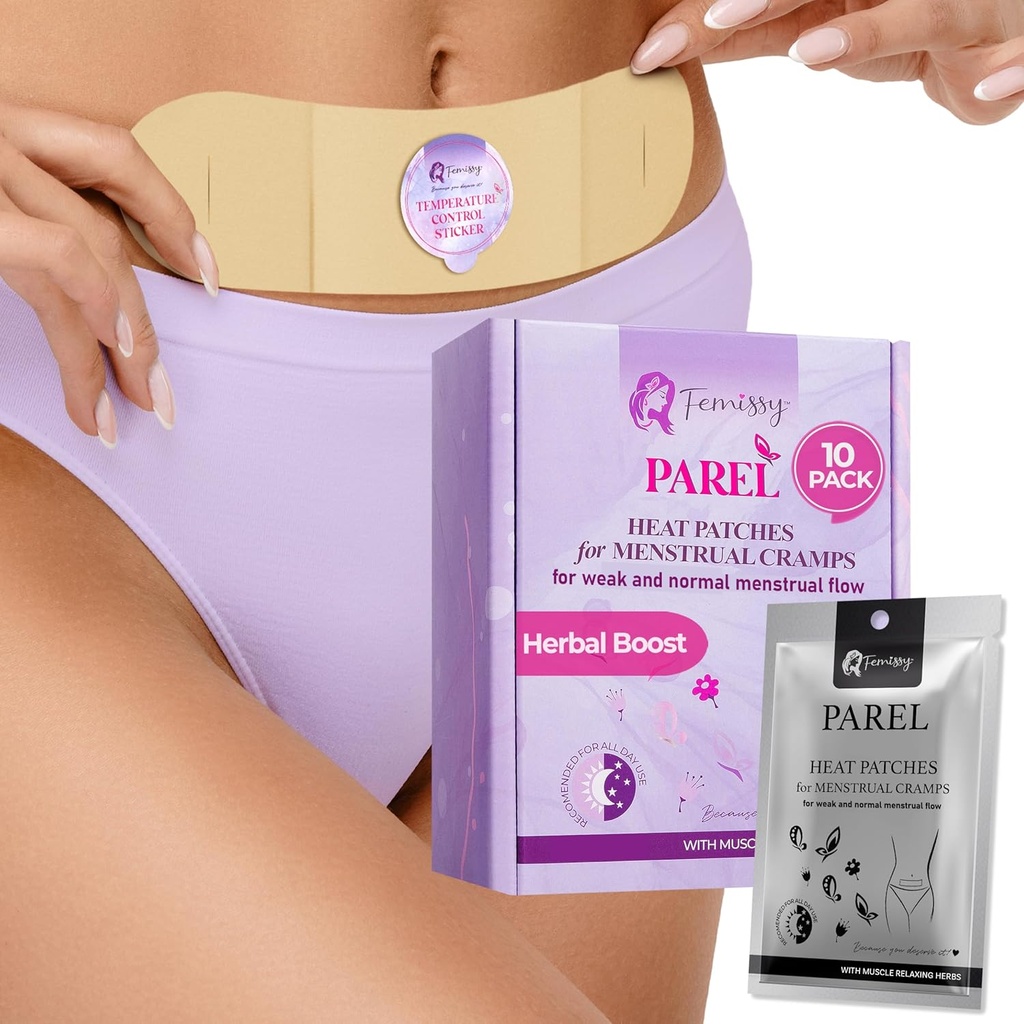 Herbal Period Heat Patches, Tailored for Low-Normal Flow (10 Pack) – 8hr Long-Lasting, Drug-Free Heating Patch for Menstrual Cramps, Bloating & Back Tension – Skin-Safe, Strong Hold, On-The-Go Relief