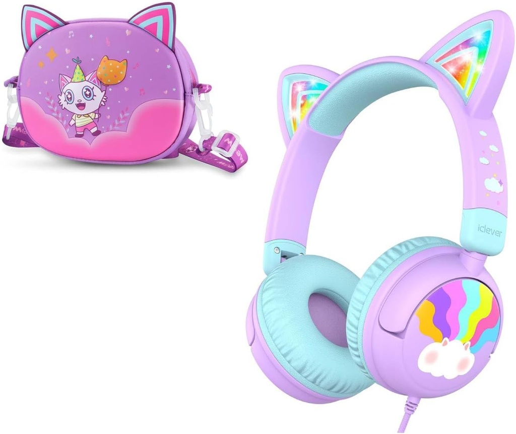 iClever Wired Kids Headphones Cat Ear Meow Lollipop & Headphones Case Bundles