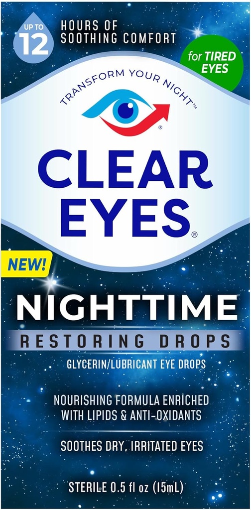 Clear Eyes Nighttime Restoring Eye Drops, Safe for Nightly Use for 12 Hours of Soothing Comfort, 0.5 Fl Oz