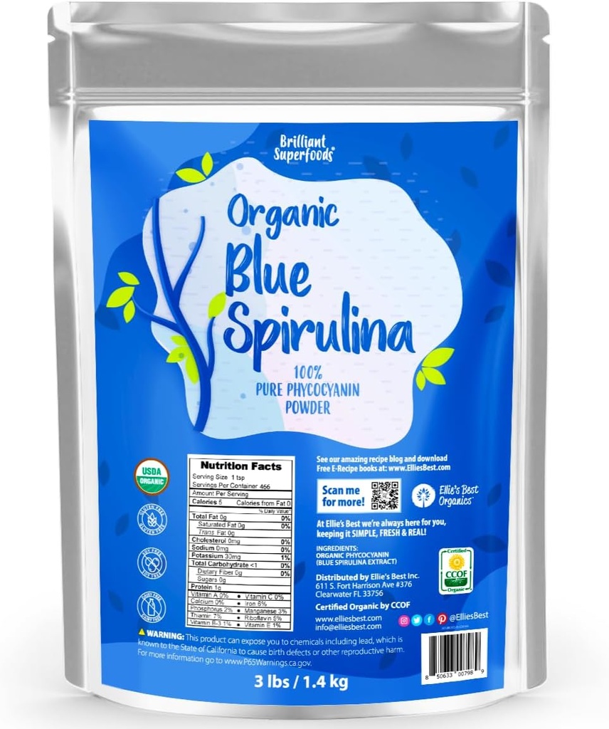 Ellie's Best Organic Blue Spirulina Powder Superfood Supplement - Odorless - 3LB Bulk - Vegan, Non GMO, Gluten-Free, Dairy-Free, Brilliant Blue Food Coloring - Pure Water Extracted