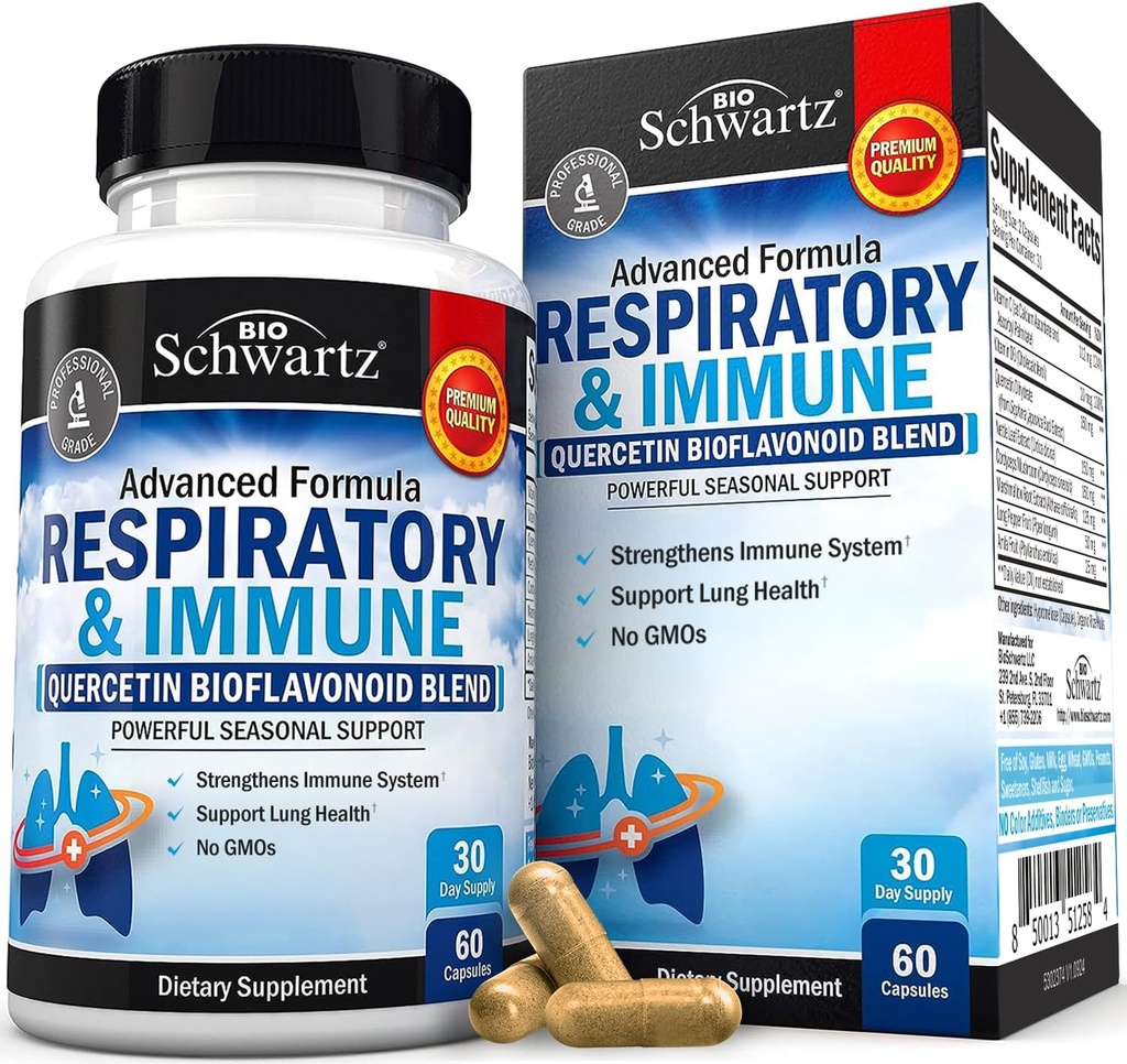 Respiratory & Immune Lung Support Supplement with Quercetin, Vitamin D & Cordyceps, Helps Soothe Respiratory Tissues While Loosening Mucus, Lung Health Vitamins for Women & Men, 60 Capsules
