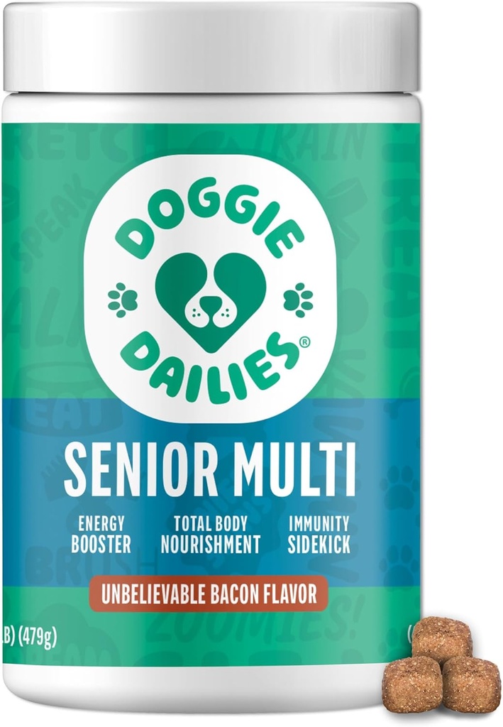 Doggie Dailies Senior Essentials Multivitamin for Dogs Soft Chews | Advanced Dog Multivitamin | Nutritional Support for Joints, Skin & Coat, Digestion, and the Immune System | Bacon Flavor | 120 Count
