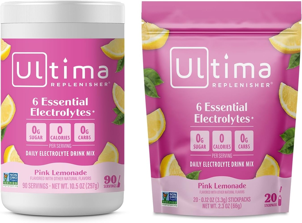 Ultima Replenisher Electrolyte Powder Drink Mix Bundle – Sugar Free – Pink Lemonade, 90 Serving Canister and 20 Stickpacks – 6 Electrolytes and Minerals – Keto Friendly, Vegan, Non-GMO