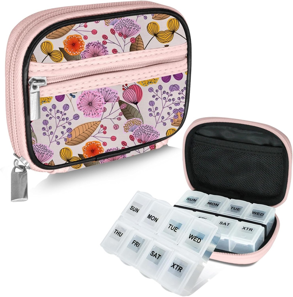 Serfeymi Weekly Travel Pill Organizer Pill Case for Purse with Removable 7 Day Pill Box, Fashionable Travel Medicine Organizer Pill Container for Medicine, Vitamin, Supplement - Bloom 03 + Pill Box