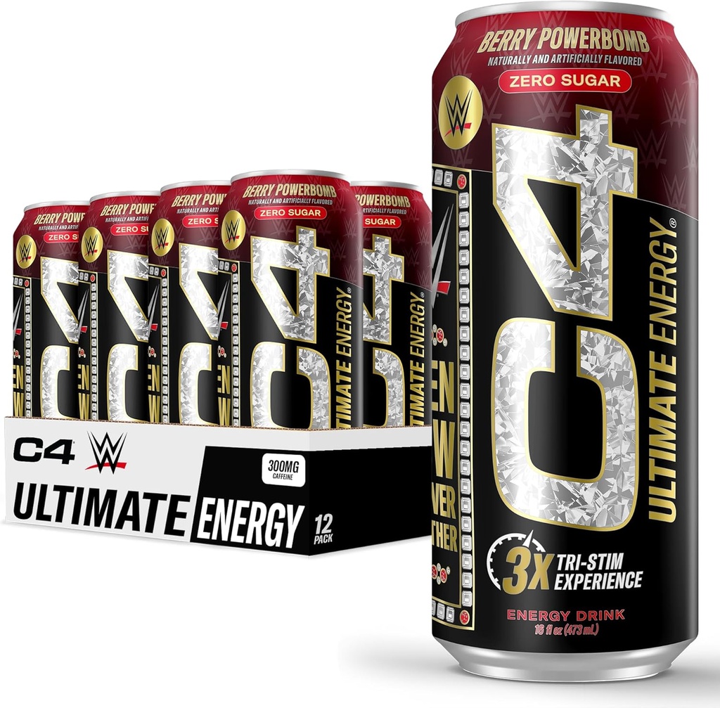 Cellucor C4 Ultimate x WWE | Pre Workout Sugar Free Energy Drink | Tri-Stim Experience with 300mg Caffeine + TeaCrine + Dynamine | Berry Powerbomb | 16oz (Pack of 12)