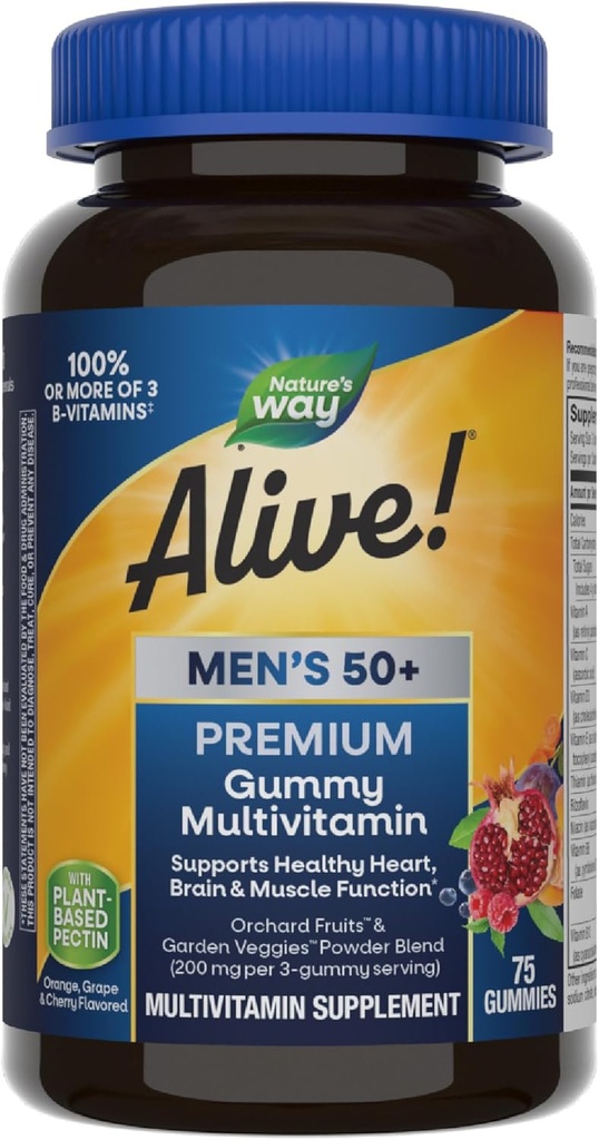 Nature’s Way Alive! Men’s 50+ Premium Gummy Multivitamin, Supports Healthy Heart, Brain & Muscle Function*, B-Vitamins, Vegetarian, Grape, Orange and Cherry Flavored, 75 Gummies