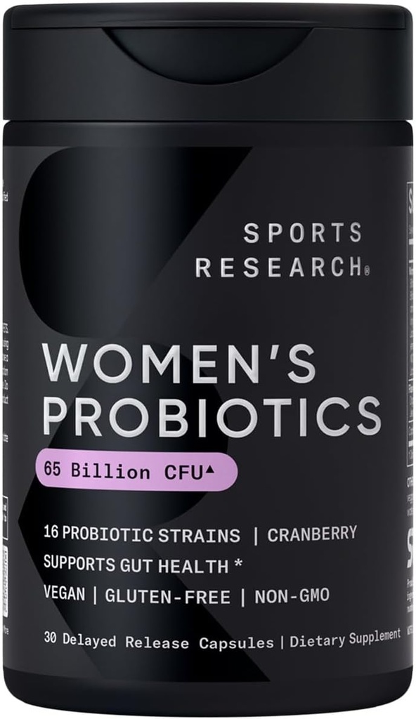 Sports Research® Women's Probiotics with Prebiotics, 65 Billion CFU - Vegan Capsules for Gut Health & Digestive Support, Probiotics for Women with Cranberry - Non-GMO Verified & Gluten Free - 30 Count