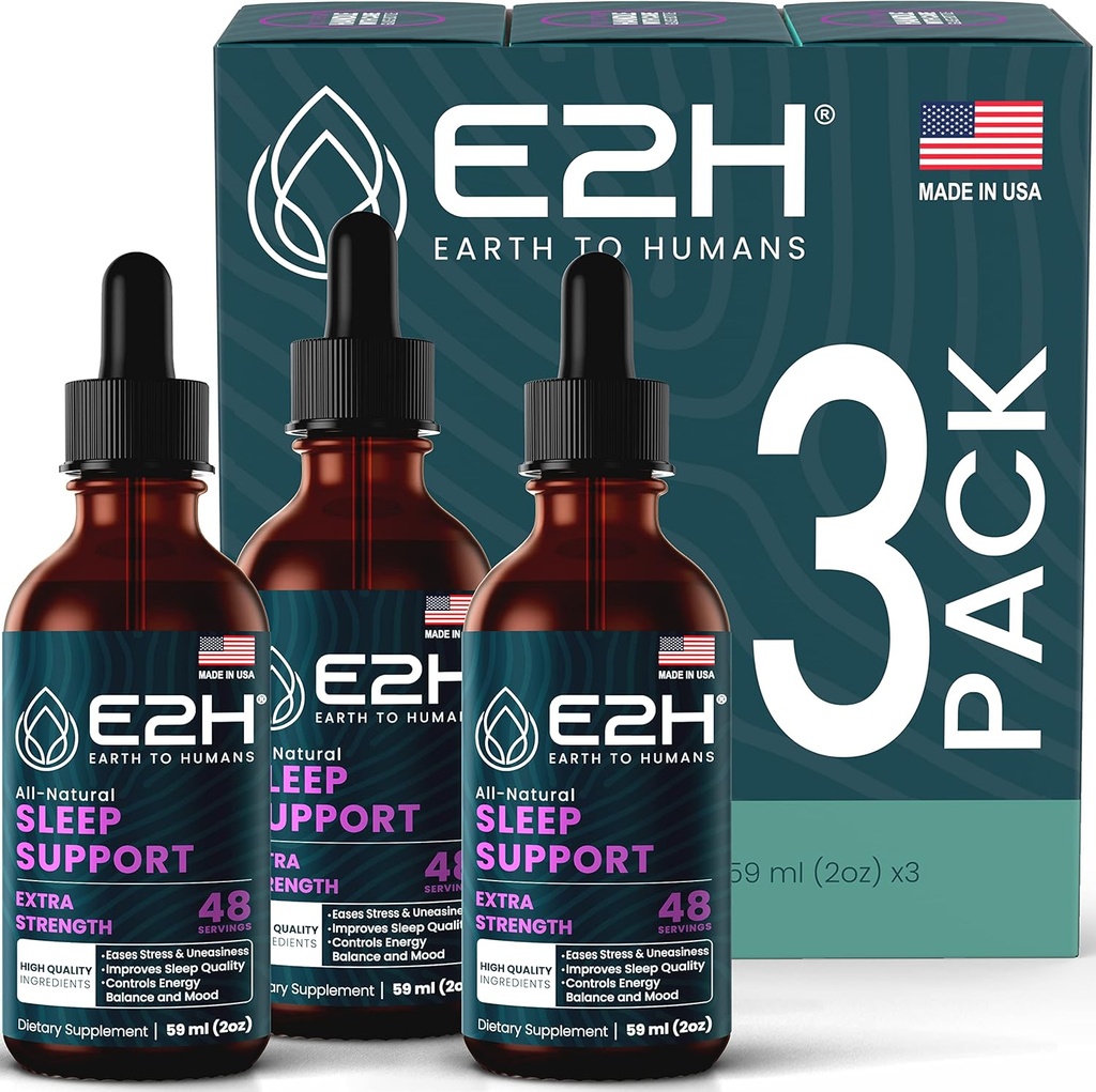 E2H Natural Sleep Aid - Liquid Melatonin with Chamomile, Theanine - Sleep Better, Deeper, Longer - Vegan, GMO-Free - Provides Stress Relief (3 Bottles)