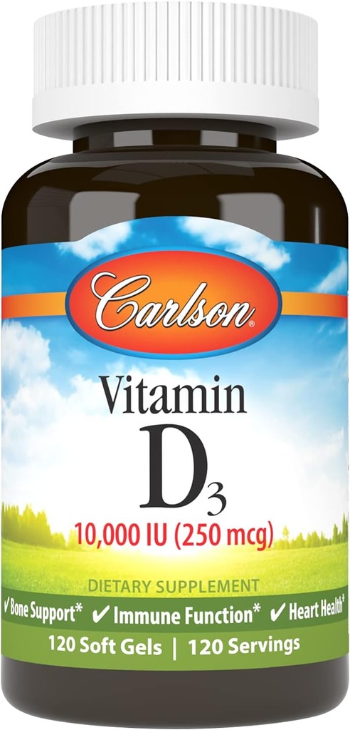 Carlson - Vitamin D3, 10000 IU (250 mcg), Vitamin D Supplements, Bone & Immune Support, Vitamin D3 Softgels, Heart Health, Gluten Free Vitamin D Capsules, 120 Softgels
