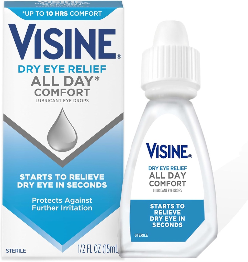 Visine Dry Eye Relief All Day Comfort Lubricant Eye Drops for Up to 10 Hours of Comfort, Dry Eye Drops with Polyethylene Glycol, 0.5 fl. oz