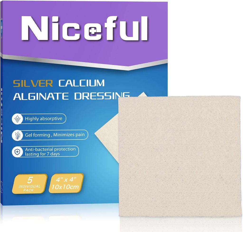 Silver Calcium Wound Dressing 4X4, HSA FSA Eligible, Highly Absorbent Ag Silver Calcium Alginate Wound Dressing Pads Soft, 5 Pcs