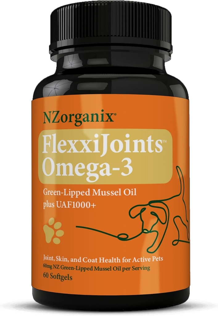 FlexxiJoints Omega-3 Hip and Joint Supplement • Green-Lipped Mussel Omega-3 Oil for Dogs • 100% New Zealand Green-Lipped Mussels (60 Softgels)