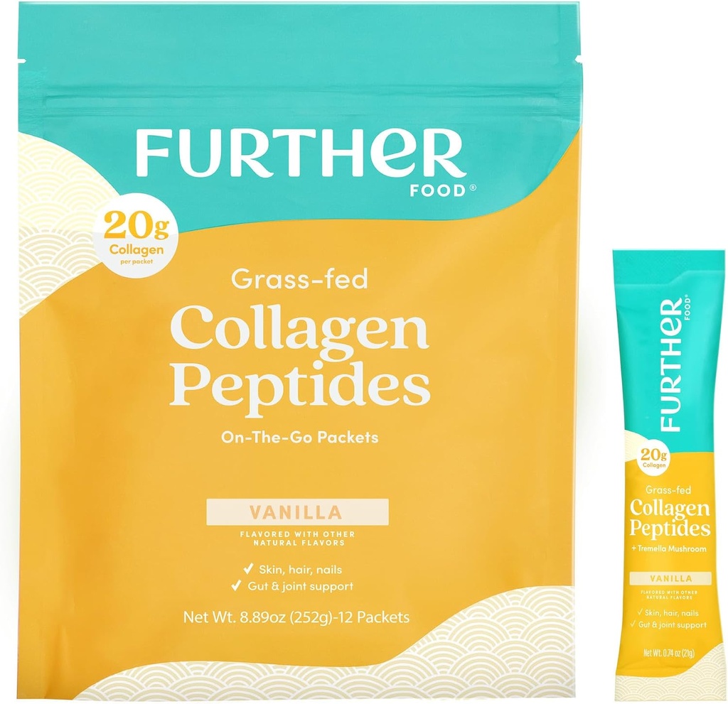 Further Food Vanilla Collagen Peptides Powder Stick Packs, Grass-Fed Pasture-Raised Hydrolyzed Type 1 & 3 Protein, Gut Health + Joint, Hair, Skin, Nails, Paleo Keto Sugar-Free 8.89 oz