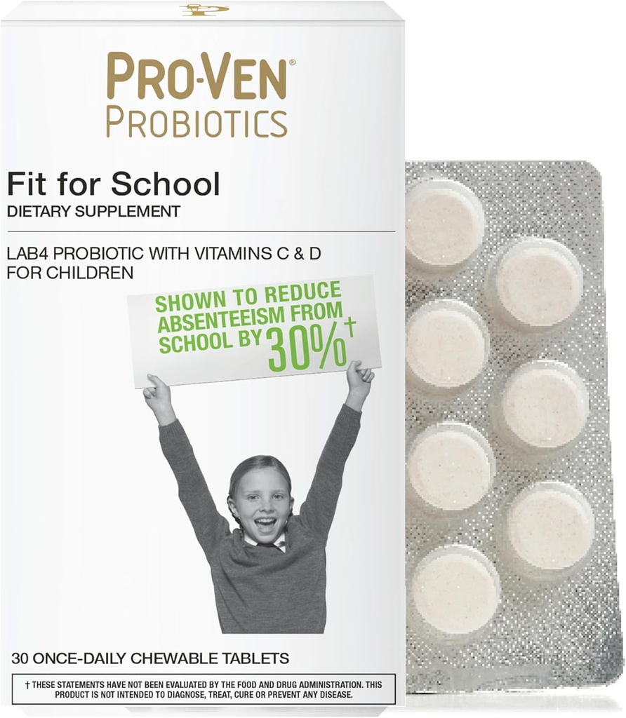 Pro-Ven Fit for School Kids Probiotic Chewable Tablets | 12.5 Billion CFUs with Vitamin C & D for Ages 4-16 | Natural Strawberry Flavor | Vegetarian, Gluten & Lactose Free | 30 Daily Tablets